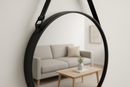 Espelho Decorativo Redondo 60cm Moldura Preta com Alça Couro